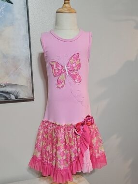 🦋 Kids Headquarters Pink Butterfly Drop Waist Dress | Size 5
